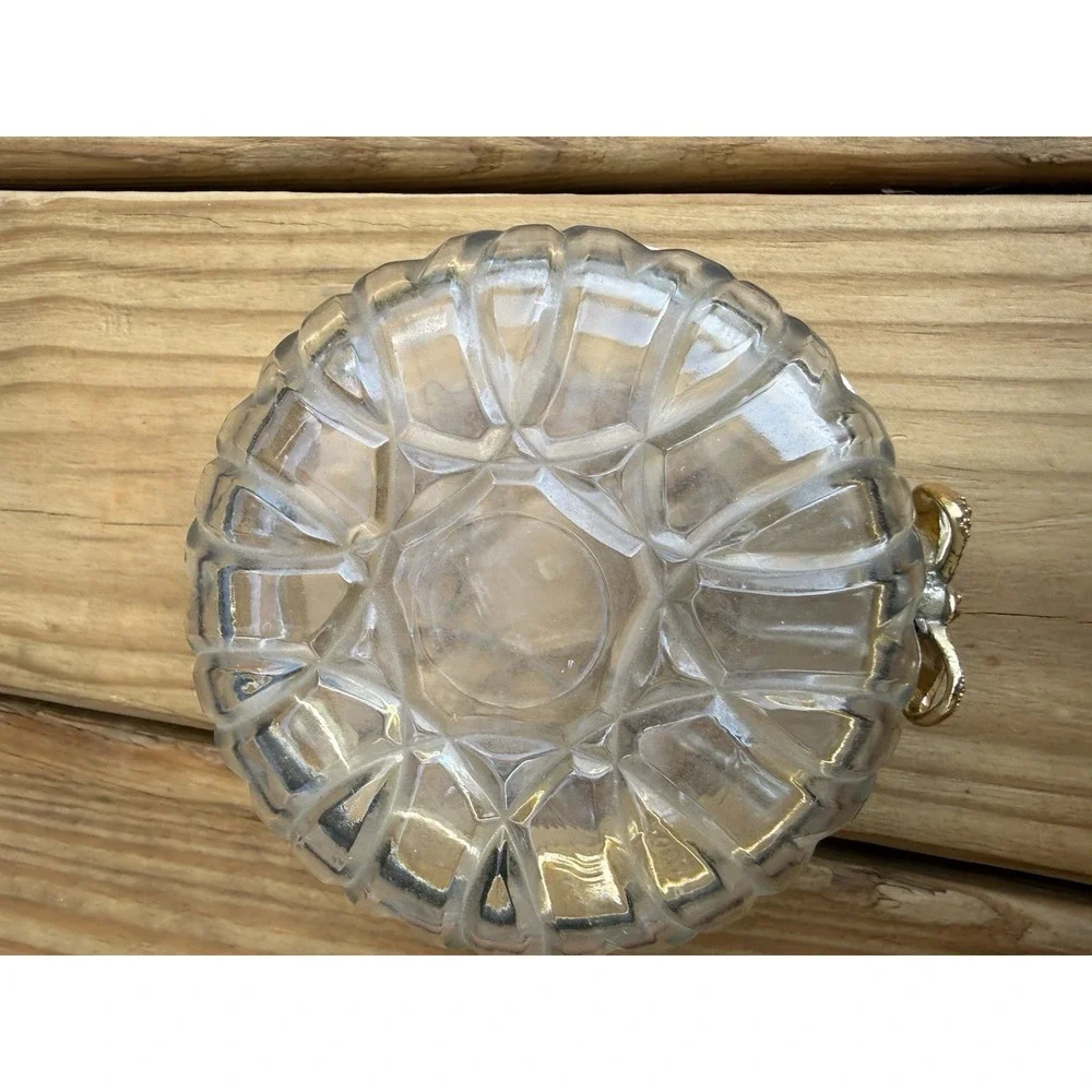 Vintage Cut Glass Crystal Round Gold Trim BowTie Hinged Dresser Trinket Box Bow